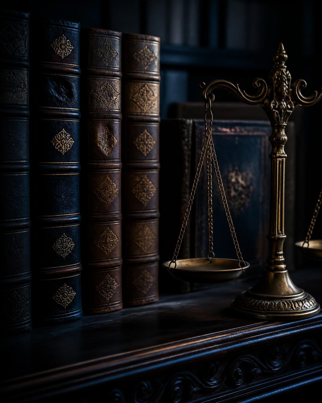 Livros jurídicos antigos e balança da justiça em estante escura